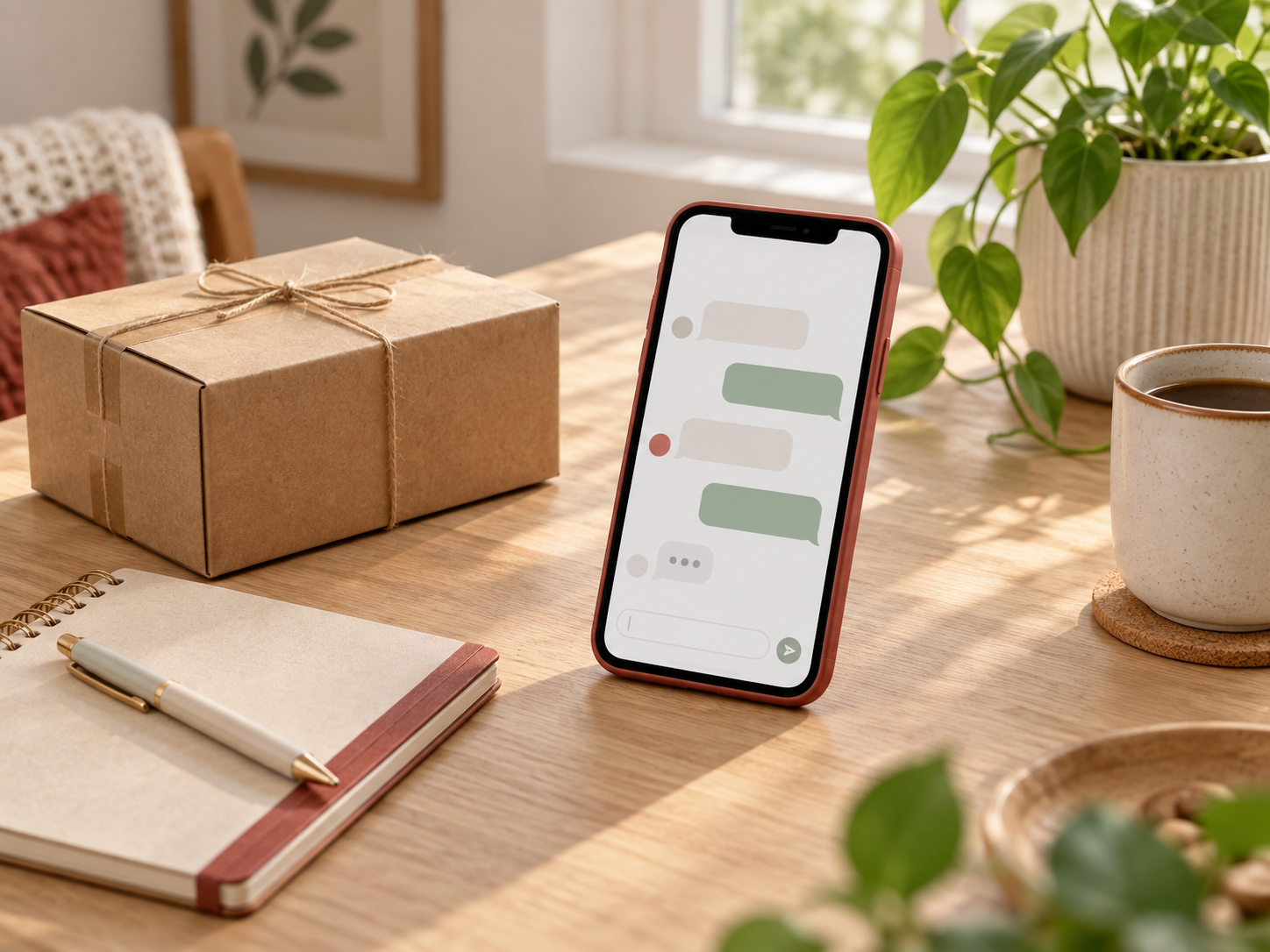 Smartphone with a chat screen beside a parcel, notebook, and plant on a warm desk